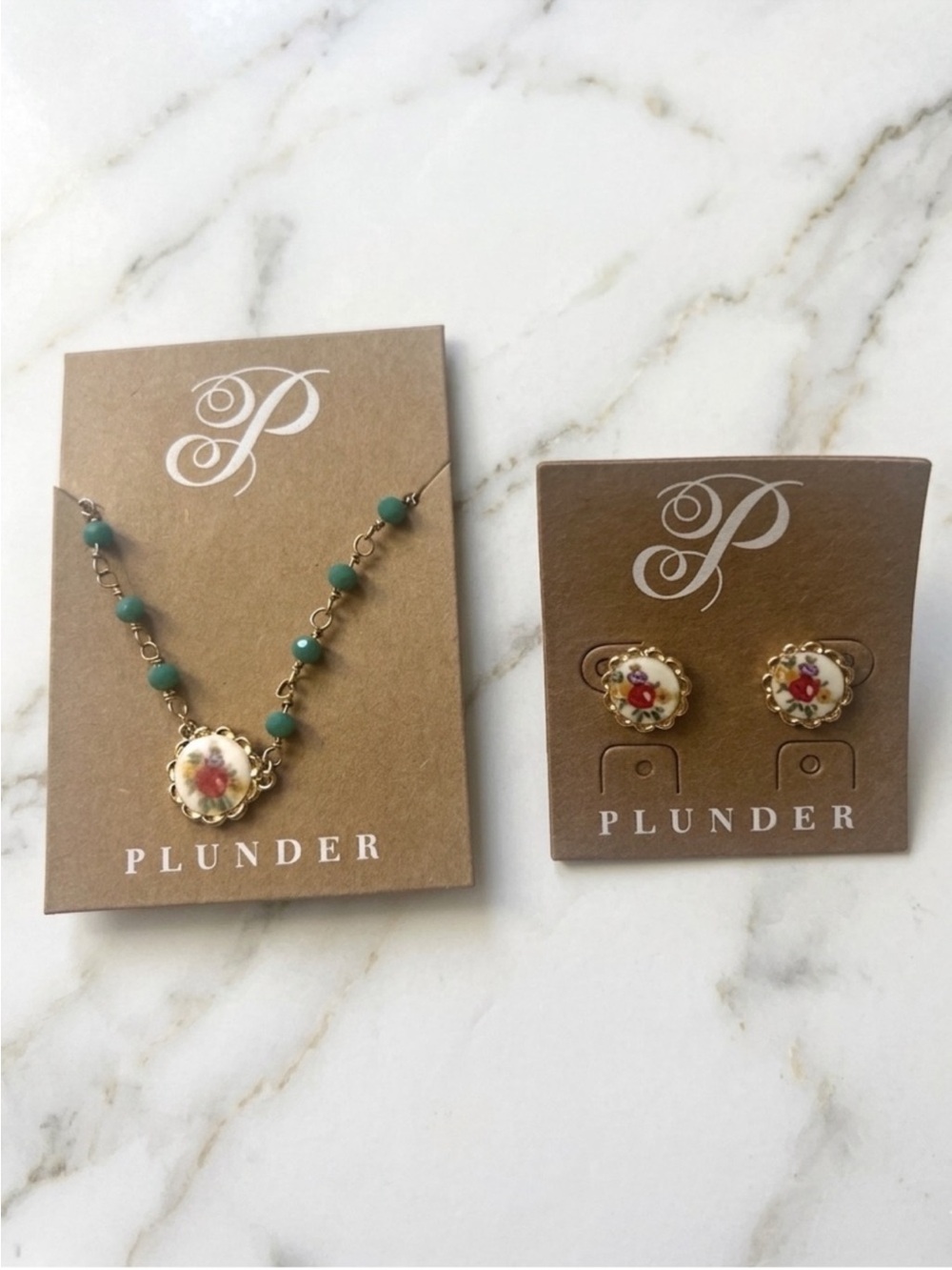 New Plunder Green and Gold Floral Pendant Necklace with Matching Floral Earrings